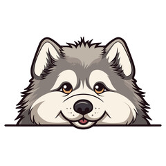 Naklejka premium Alaskan Malamute Dog peeps, Puppy Peeking Out from Behind Table with Copy Space