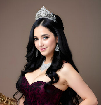 Beautiful asian woman with long black hair and diadem on her head