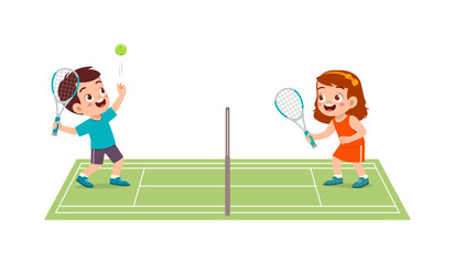 Fototapeta premium little kid playing tennis with friend and feeling happy