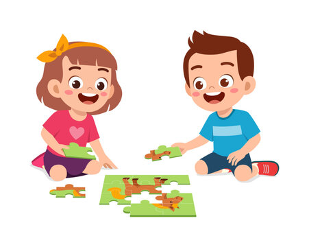 little kid play puzzle with friend and feels happy