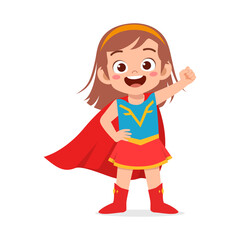 little kid wearing super hero costume and feel happy