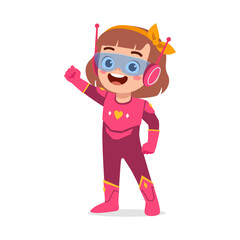 little kid wearing super hero costume and feel happy