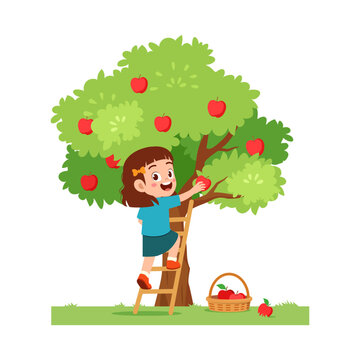 little kid harvest apple and feel happy