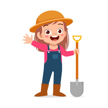 little kid wearing farmer costume and holding shovel