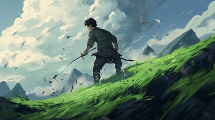 A anime scene of a man slashing a sword on a green hill - obrazy, fototapety, plakaty