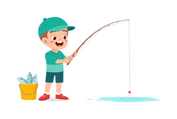 little kid catch fish with fishing rod and feel happy