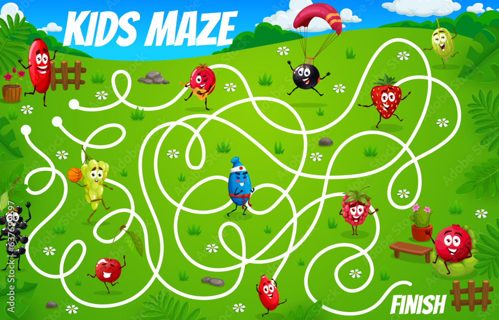 Poster labyrinth maze, cartoon cheerful berry characters on summer meadow, vector quiz game worksheet. stra