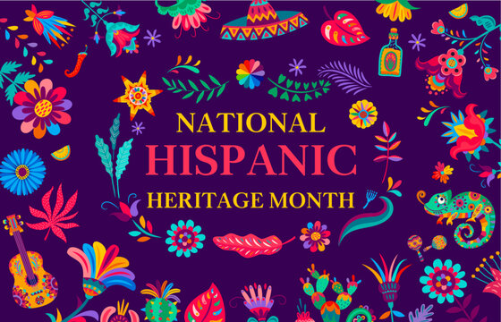 National hispanic heritage month festival banner with sombrero and guitar, chameleon or tropical flowers, pinata and cactus or tequila in traditional alebrije style. Vector announcement of latin event