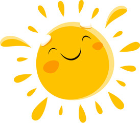 Cartoon cheerful sun character, cute personage with closed eyes and funny smiling face. Isolated positive emoticon, solar sunshine, childish solar for sunscreen cream, kindergarten emblem