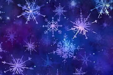 Fototapeta na wymiar Christmas background with snowflakes and stars in blue and purple colors