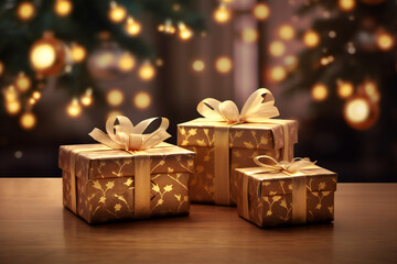 Gift boxes on wooden table with bokeh lights on background