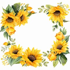 Watercolor illustration of sunflowers around border Watercolor floral Botanical Drawing 