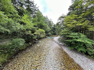 Naklejka premium Kamikochi (Upper Highlands) is a remote mountainous highland valley within the Hida Mountains range, in the western region of Nagano Prefecture, Japan. Japanese hiking and trekking.