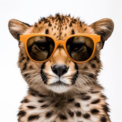 close-up of Cheetah with sunglasses on white background