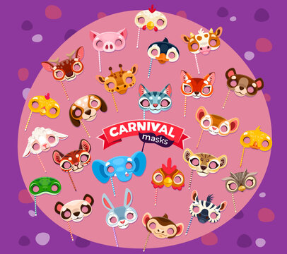 Cartoon animal carnival party masks or birthday holiday celebration costumes. Vector chicken, pig, penguin and cow. Fox, cat, giraffe and bear, duck, dog and elephant. Zebra, owl and monkey or hare