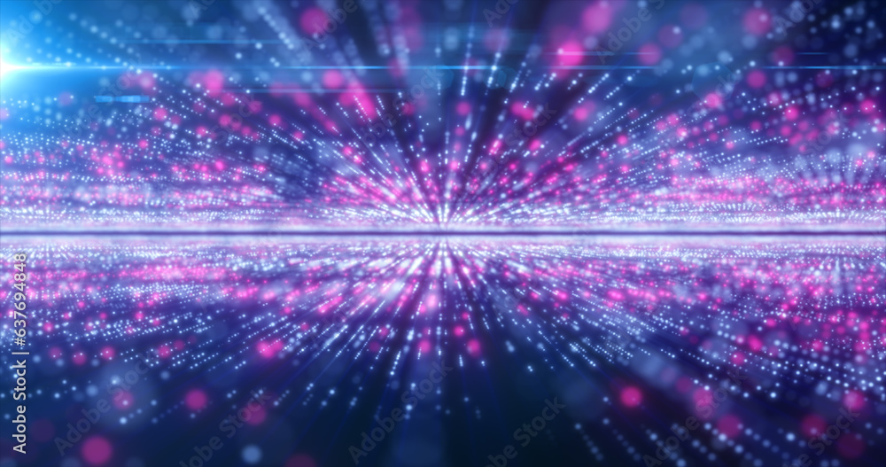 Poster abstract purple energy hi-tech lines and digital particles fly in a tunnel with bokeh effect glowing