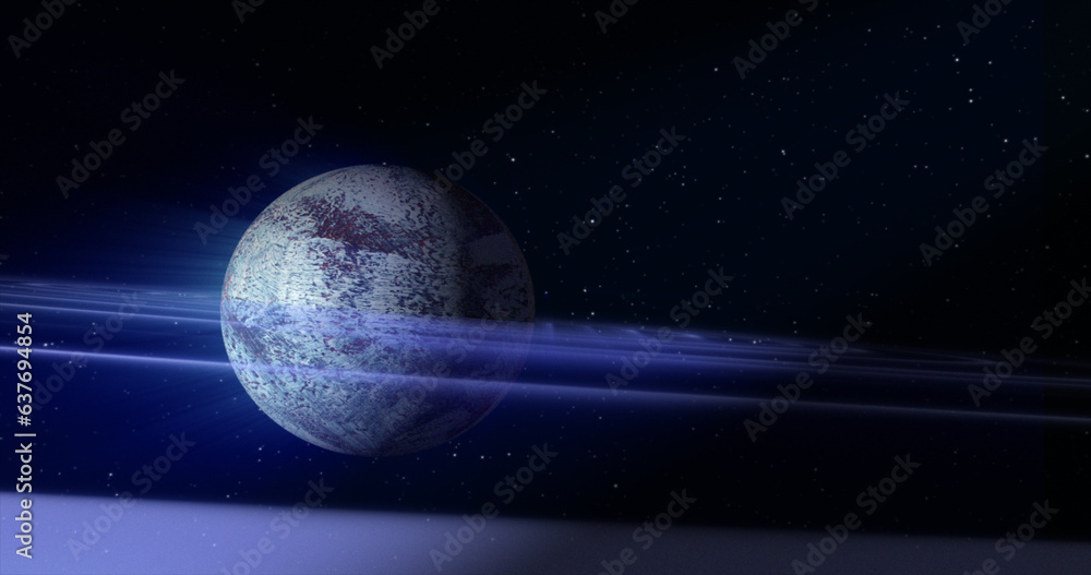Poster abstract blue space planet with a round asteroid belt ring futuristic hi-tech on the background of s