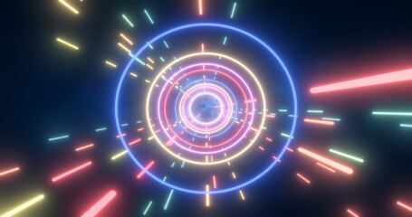 Abstract multi-colored energy futuristic hi-tech tunnel of flying circles and lines neon magic glowing background