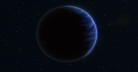 Abstract realistic space spinning planet round sphere with a blue water surface in space against the background of stars