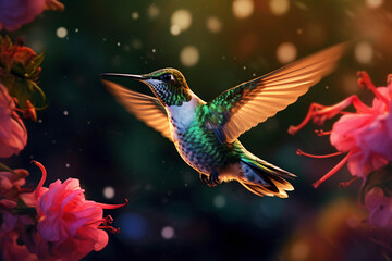 Obraz premium Active hummingbird in flight, embodying the beauty of wildlife in motion, Generative AI