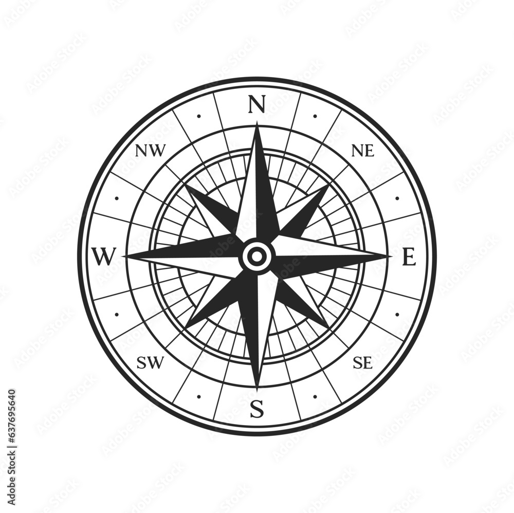 Sticker old compass sign. vintage map wind rose symbol. nautical navigation direction, ocean geography map w