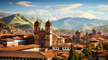  scene of Cusco surrounded by the Andes mountains - obrazy, fototapety, plakaty