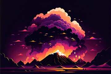 Smoke cloud over volcano in purple and silhouettes. Minimalistic abstract drawing.
