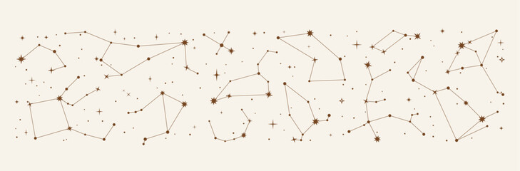 Space star constellation border. Night galaxy sky map, mystic astrology. Vector chart displaying positions of celestial objects visible in night sky. Pattern for astronomy, esoteric, tarot, and magic