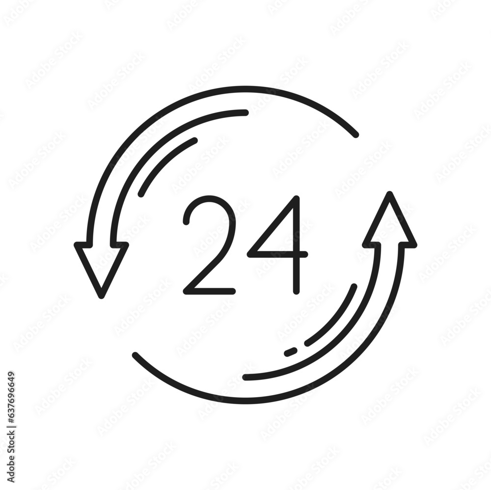 Poster 24 hour watch with arrow, speed delivery sign. Vector all day round support service, time, working hours, delivery timer clock. 24 hours order execution