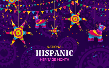 Holiday pinatas on national hispanic heritage month festival banner. Vector vibrant cultural event promo background with colorful stars, donkey, flag garlands and confetti on purple patterned backdrop