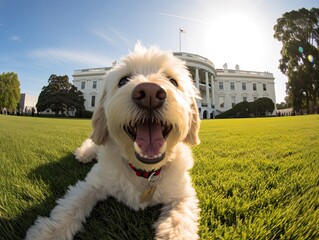 A cute dog smiles while taking a selfie in front of the White House