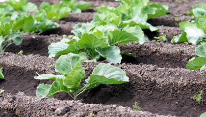 Beds with cabbage plants. Cultivation of cabbage on flat rows of land. Agriculture and cultivation of berries, fruits and vegetables.