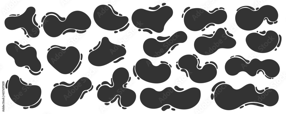 Poster organic abstract shapes with splashes. liquid organic amoeba blobs. random black simple ink drops. f