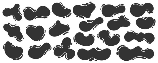 Organic abstract shapes with splashes. Liquid organic amoeba blobs. Random black simple ink drops. Fluid vector elements set isolated on white background