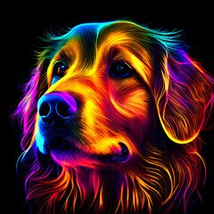 Golden retriever dog puppy in abstract, graphic highlighters lines rainbow ultra-bright neon artistic portrait, commercial, editorial advertisement, surrealism. Isolated on dark background

