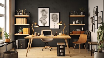 Interior of modern home office with wooden furniture, 3d render