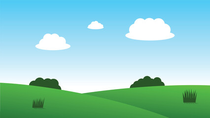 landscape cartoon scene with green hills and white cloud in summer blue sky background