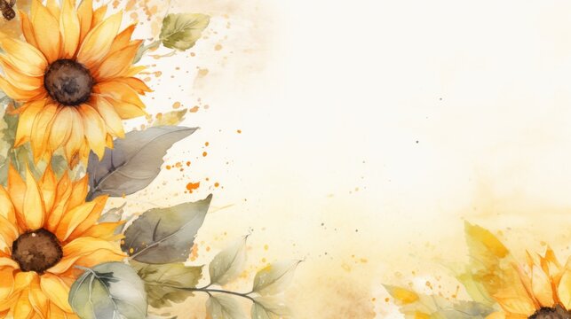 Watercolor sunflowers around border background. Watercolor floral Botanical Drawing
