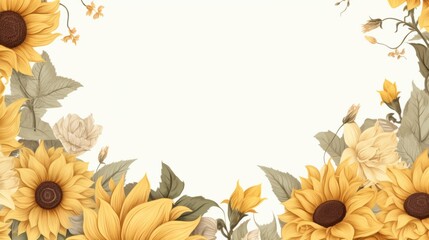 Watercolor sunflowers around border background. Watercolor floral Botanical Drawing
