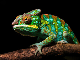 Obraz premium The chameleon sits on a branch and hunts for insects.