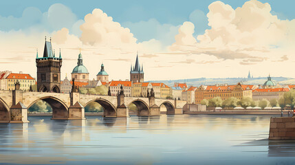 An illustration of Prague with its ancient castle - obrazy, fototapety, plakaty