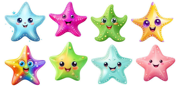 set of cute 3d Starfishes on transparent background, Clipart, generated ai
