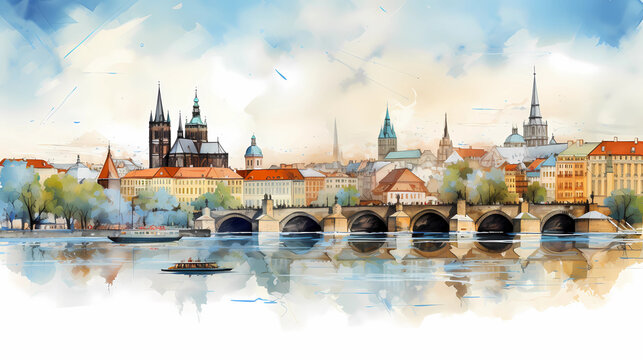 An illustration of Prague with its ancient castle