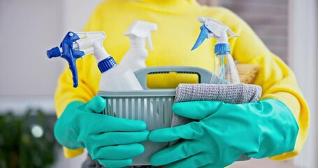 Person, hands or cleaning basket in house for hygiene routine, dirt or bacteria disinfection. Bucket, container or chemical products in home living room for housekeeping service, dust or germs safety
