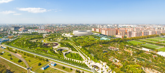 Krasnodar, Russia. Panorama of the city in summer. Park in the city of Krasnodar. Football grounds. Aerial view.