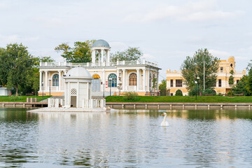 Fototapeta na wymiar Astrakhan, Russia. Swan Lake. Swan on the water of the lake