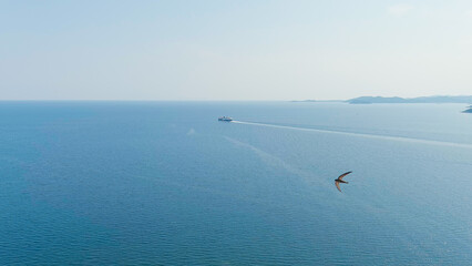 Kavala, Greece. Kavala Fortress. The ferry leaves the port. Historic city center. Aegean Sea. Summer, Aerial View