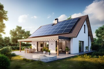Close-up building with solar panels on the roof. Sustainable and clean energy at home - obrazy, fototapety, plakaty