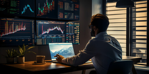 Businessman analyzing and calculating financial data for long term investment growth goals and company finance balance - obrazy, fototapety, plakaty