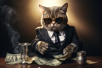 Cool rich successful hipster cat with sunglasses and cash money. Like a gangster